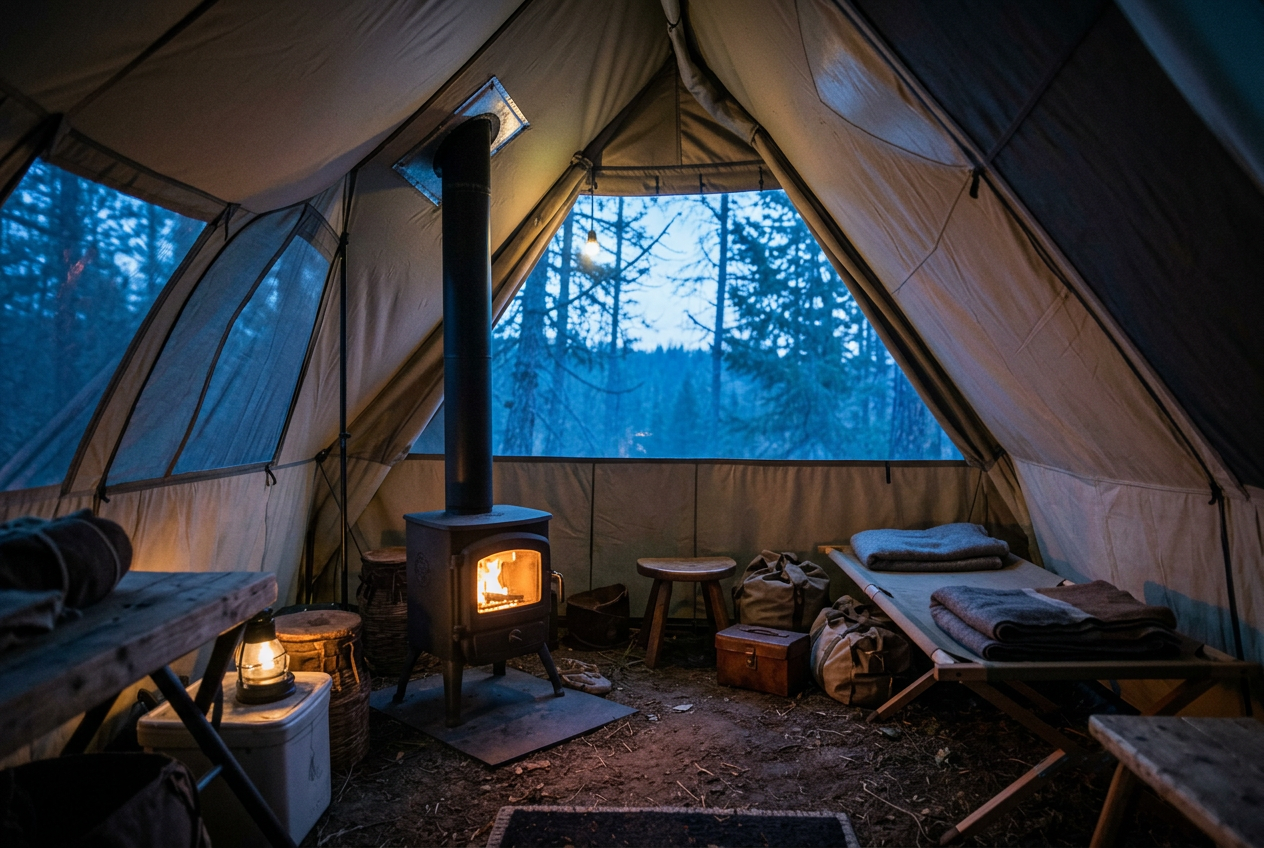 Canvas wall tent camp with wood stove