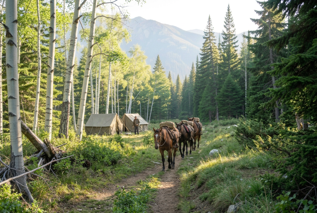String of pack horses on a mountain trail