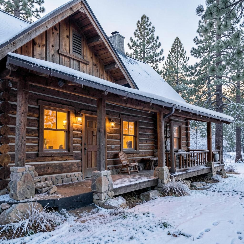 Log lodge with frost on the porch at first light