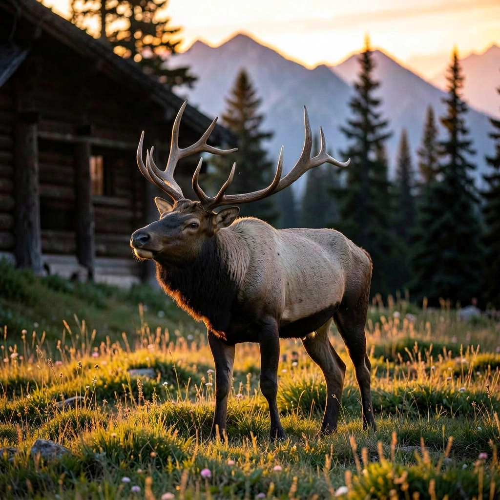 Bull elk in a mountain meadow at dusk