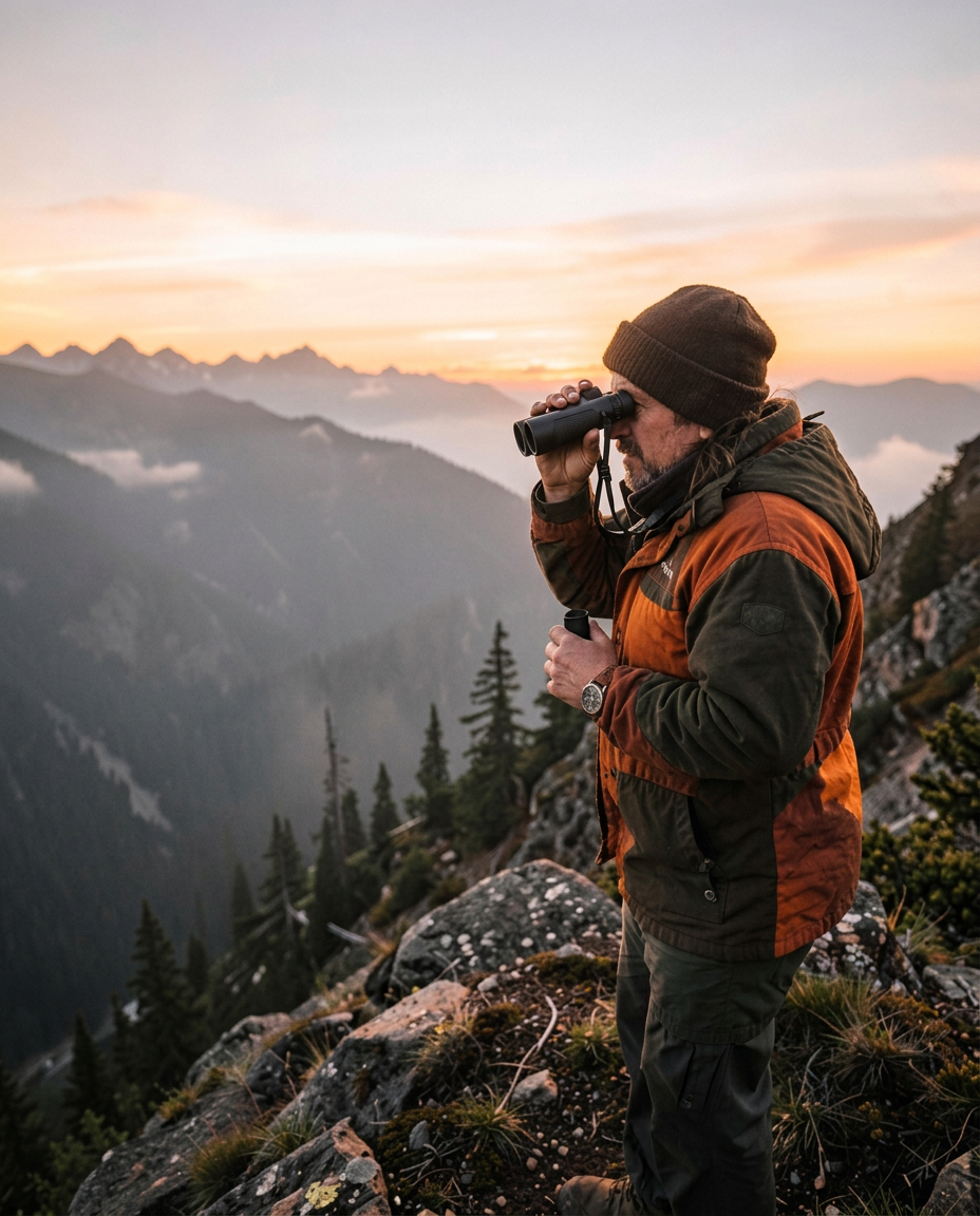 Hunter glassing a timbered ridge at sunrise